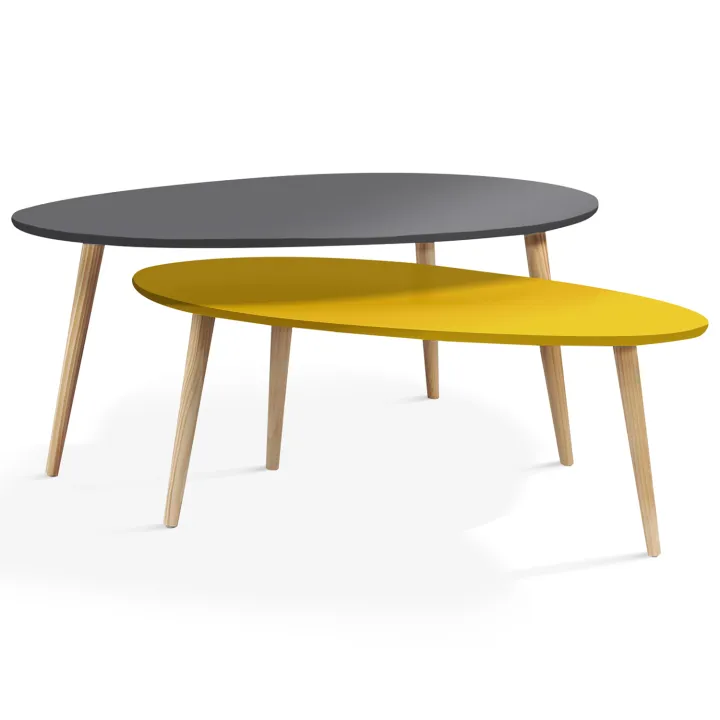 Lot de 2 tables basses gigognes scandinaves laquées grise et jaune