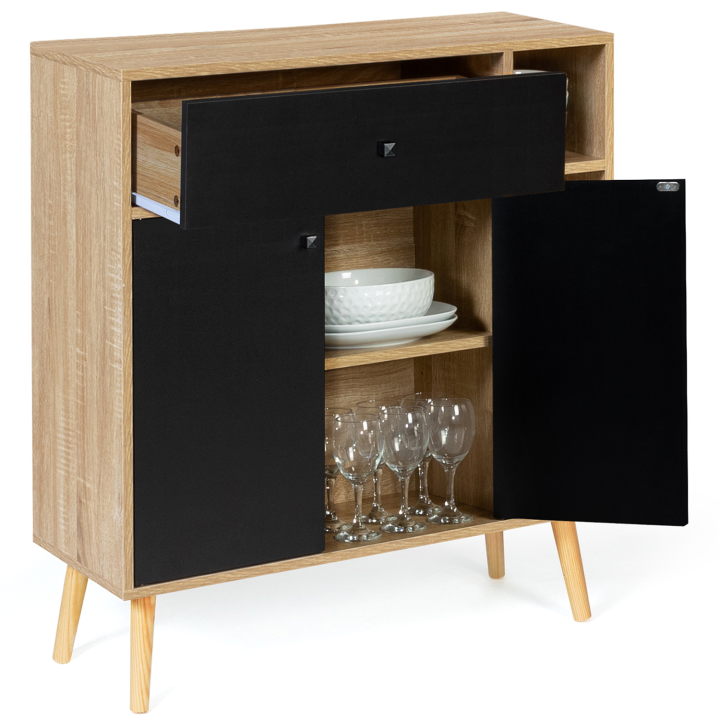 Meuble de rangement EMMIE scandinave bois et noir avec placard et tiroir