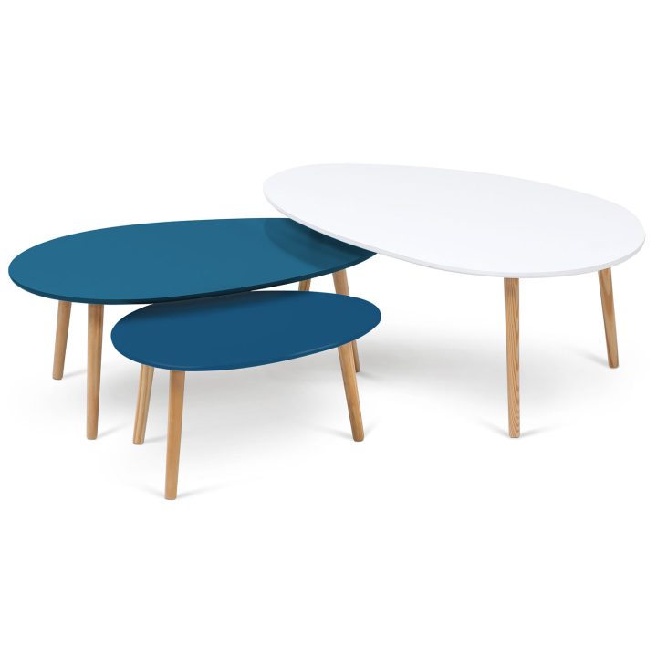 Lot de 3 tables basses gigognes GIGI laquées blanc/bleu