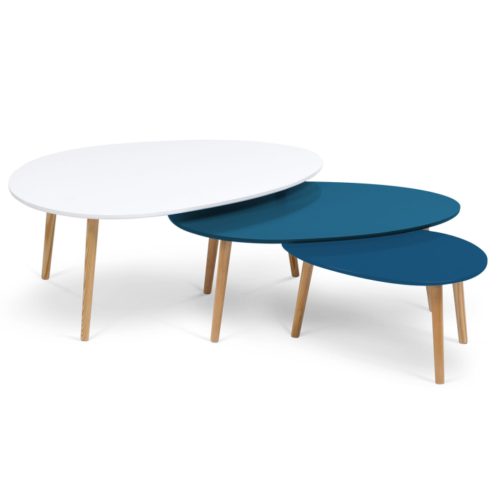 Lot de 3 tables basses gigognes GIGI laquées blanc/bleu