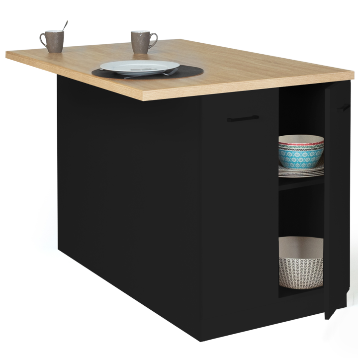Ilot central IVO 120 cm bois noir avec plan de travail façon hêtre