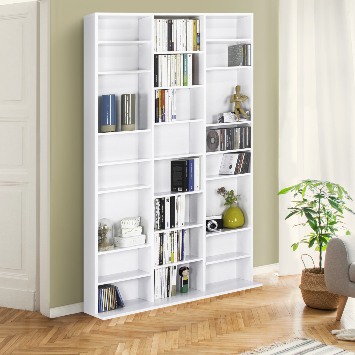 Libreria Bianca Con 8 Scomparti E 4 Gambe - 64,5x30x138 Cm - Design Moderno Salvaspazio