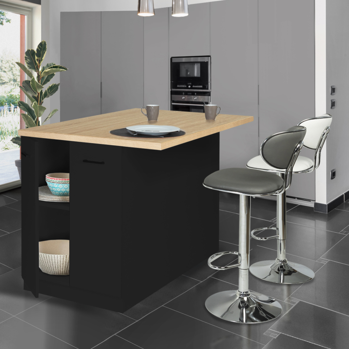Ilot central IVO 120 cm bois noir avec plan de travail façon hêtre
