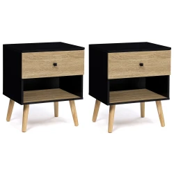 Lot de 2 tables de chevet EMMIE 1 tiroir scandinaves bois et noir