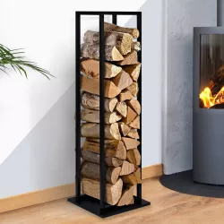 Range bûches vertical acier noir avec étagère H.112 CM pour cheminée