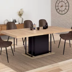 Table à manger extensible rectangle UGO 6-10 personnes bois façon hêtre et noir 160-200 cm design industriel