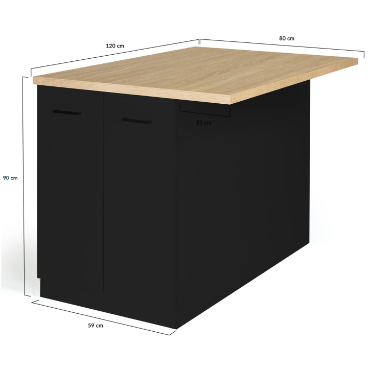 Ilot central IVO 120 cm bois noir avec plan de travail façon hêtre