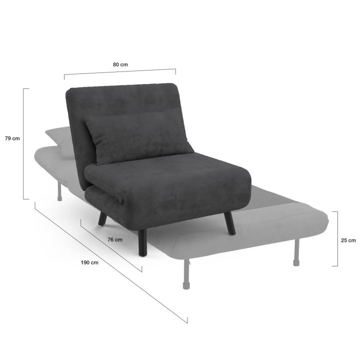 Fauteuil convertible ROMEO lit d'appoint 1 place 80x190 cm velours gris anthracite