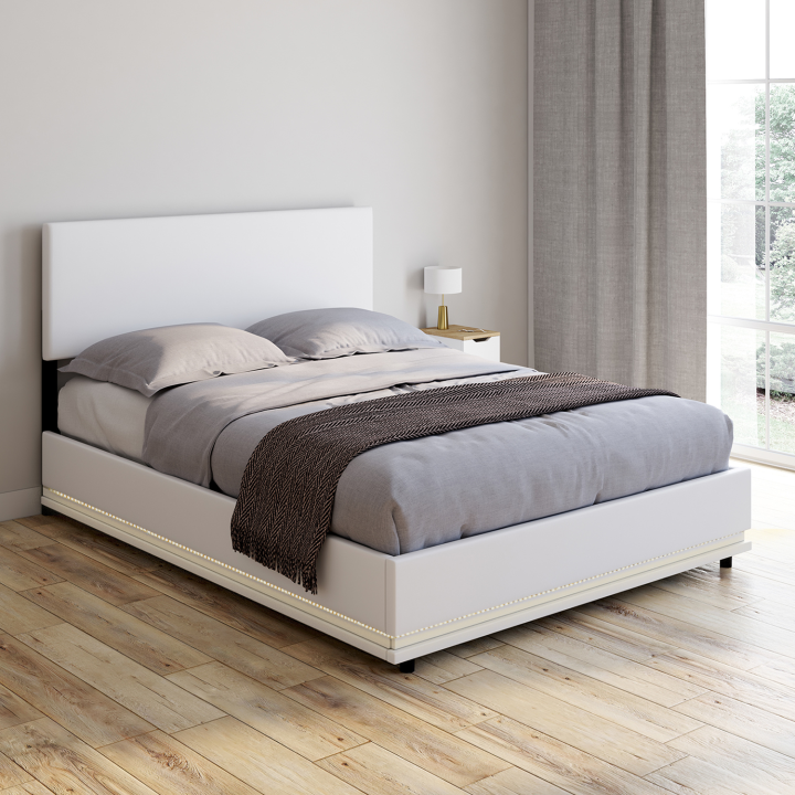 Lit coffre double NEO avec sommier et LED intégrées 140 x 190 cm PVC blanc