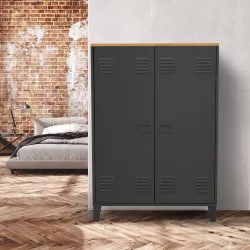 Armoire basse ESTER 2 portes métal noir et plateau bois design industriel