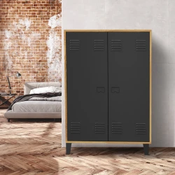 Armoire basse ESTER 2 portes métal noir et contour bois design industriel