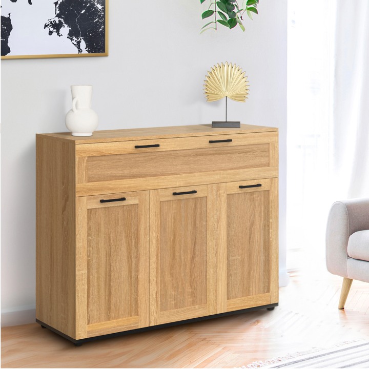Credenza effetto faggio con maniglie nere 100 cm 3 ante e 1 cassetto - VITO | ID Market