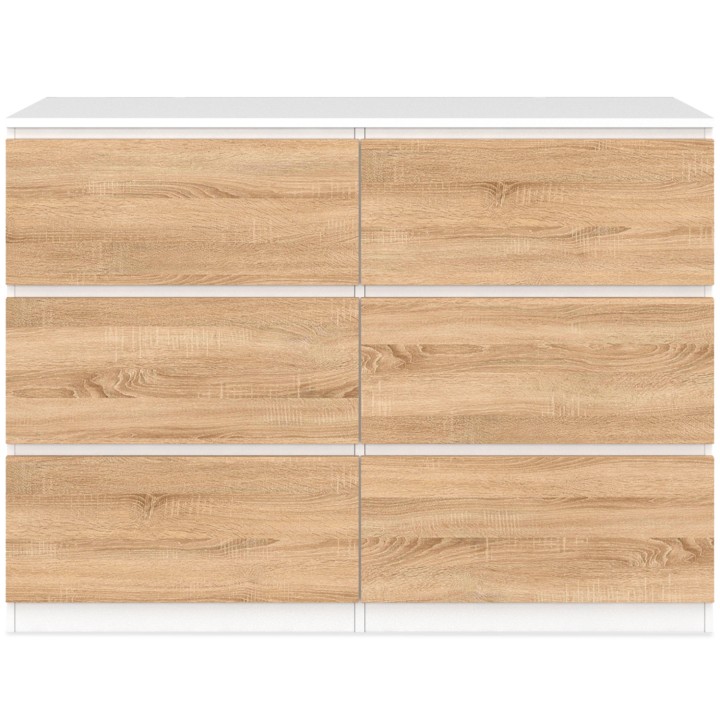 Commode 6 tiroirs TOMI 110 cm blanc et bois façon hêtre