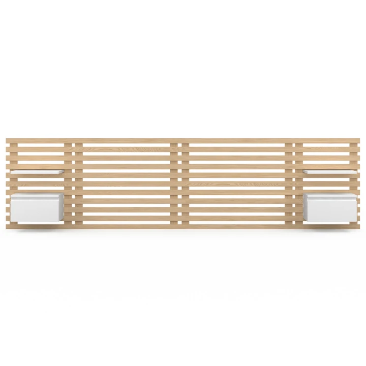 Tête de lit en lattes AVA avec chevets suspendus 240 CM bois clair et blanc