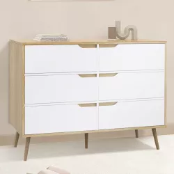 Commode 6 tiroirs HELSINKI 115 cm scandinave bois et blanc