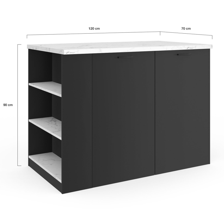 Ilot central TIBO 120 cm bois noir avec plan de travail effet marbre ALASKA