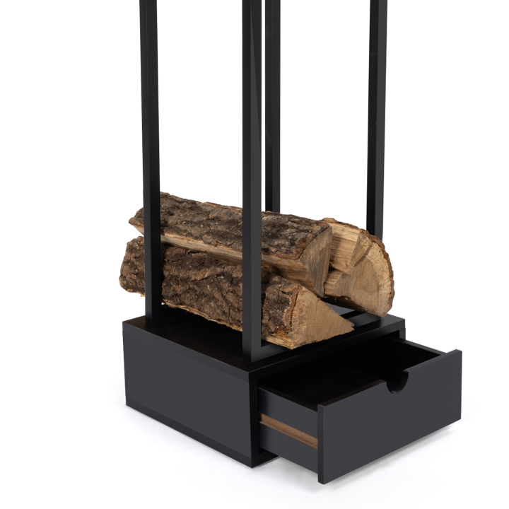 Range bûches vertical acier noir H. 125 cm avec tiroir