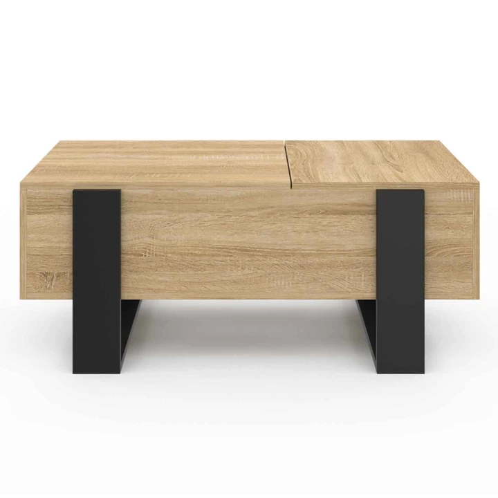 Table basse 2 plateaux relevables PHOENIX bois noir et façon hêtre