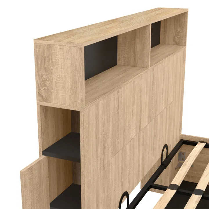 Lit coffre double CLYDE avec tête de lit + rangements et sommier 140 x 190 cm façon hêtre et noir