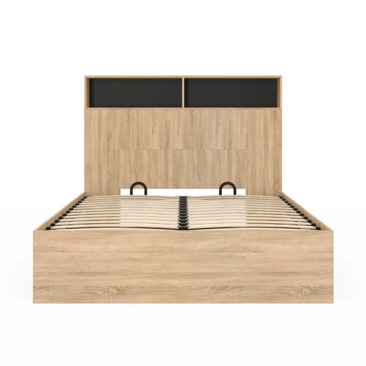 Lit coffre double CLYDE avec tête de lit + rangements et sommier 140 x 190 cm façon hêtre et noir