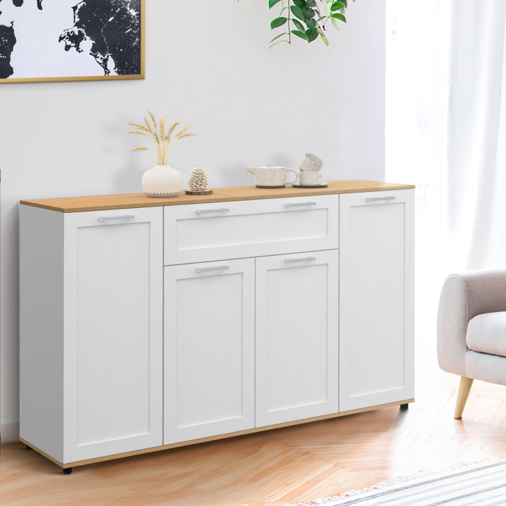 Credenza bianca e legno con 4 ante e 1 cassetto 140cm - VITO | ID Market