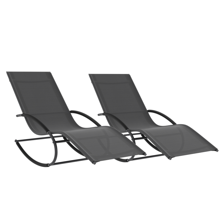 Lot de 2 chaises longues - transat de jardin à bascule MALAWI gris anthracite et toile grise