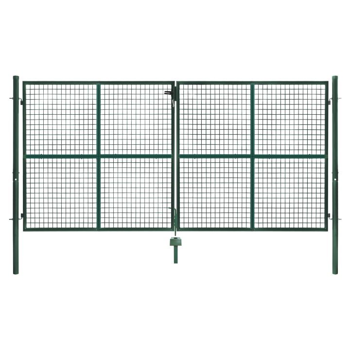 Portillon de jardin double porte 300 x 150 cm en acier vert avec serrure et poignée