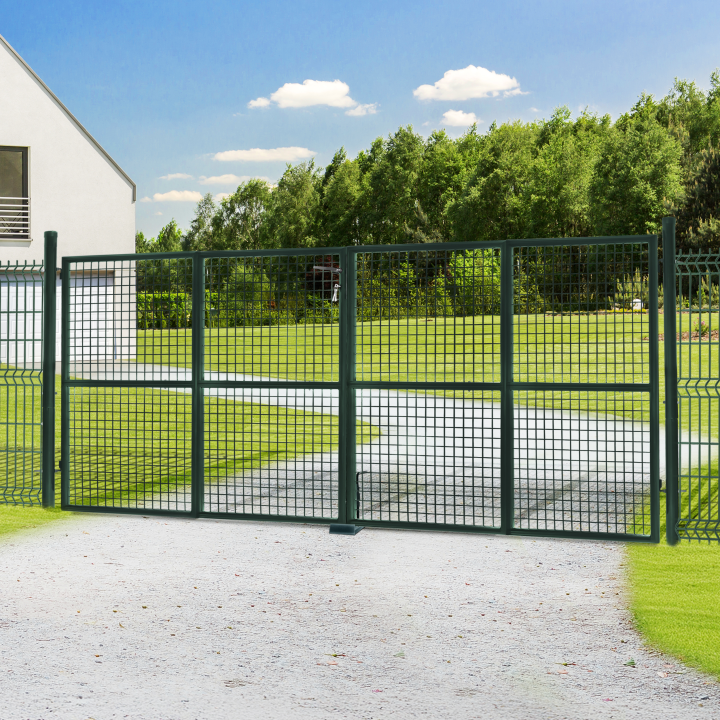 Portillon de jardin double porte 300 x 150 cm en acier vert avec serrure et poignée