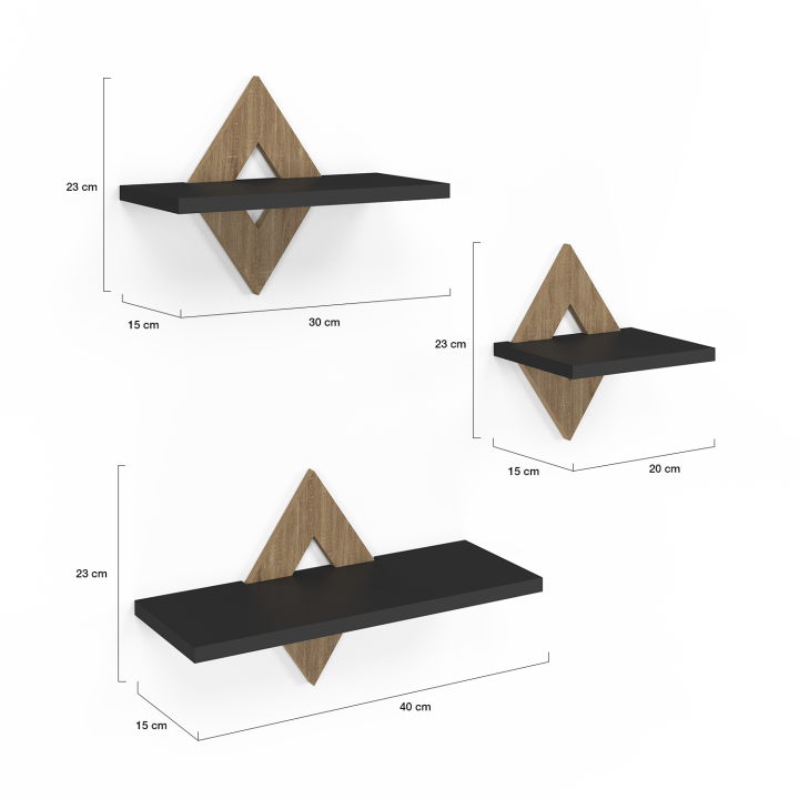 Lot de 3 étagères murales IRIS hêtre et noir