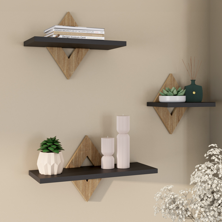 Lot de 3 étagères murales IRIS hêtre et noir
