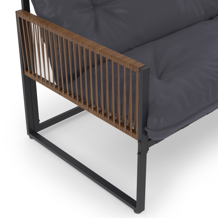 Salon de jardin bas RIO 8 places salon d'angle structure métal et cordage effet rotin avec coussin gris