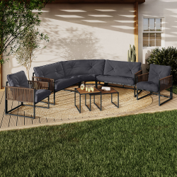 Salon de jardin bas RIO 8 places salon d'angle structure métal et cordage effet rotin avec coussin gris