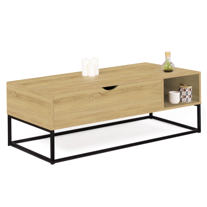 Table basse plateau relevable rectangulaire DETROIT avec rangements design industriel