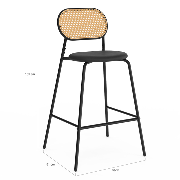 Lot de 2 tabourets de bar vintage CLOTILDE en métal noir et dossier cannage