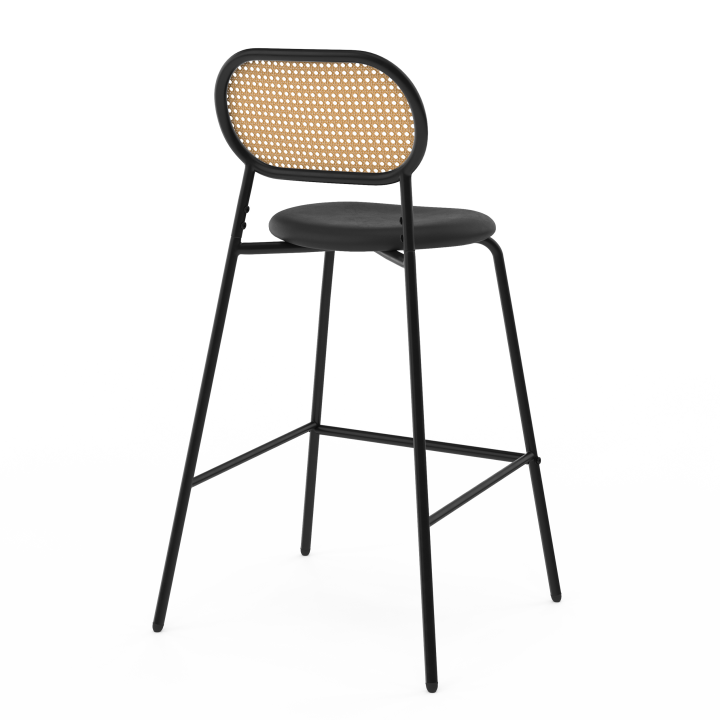 Lot de 2 tabourets de bar vintage CLOTILDE en métal noir et dossier cannage