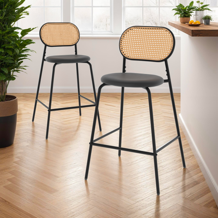 Lot de 2 tabourets de bar vintage CLOTILDE en métal noir et dossier cannage