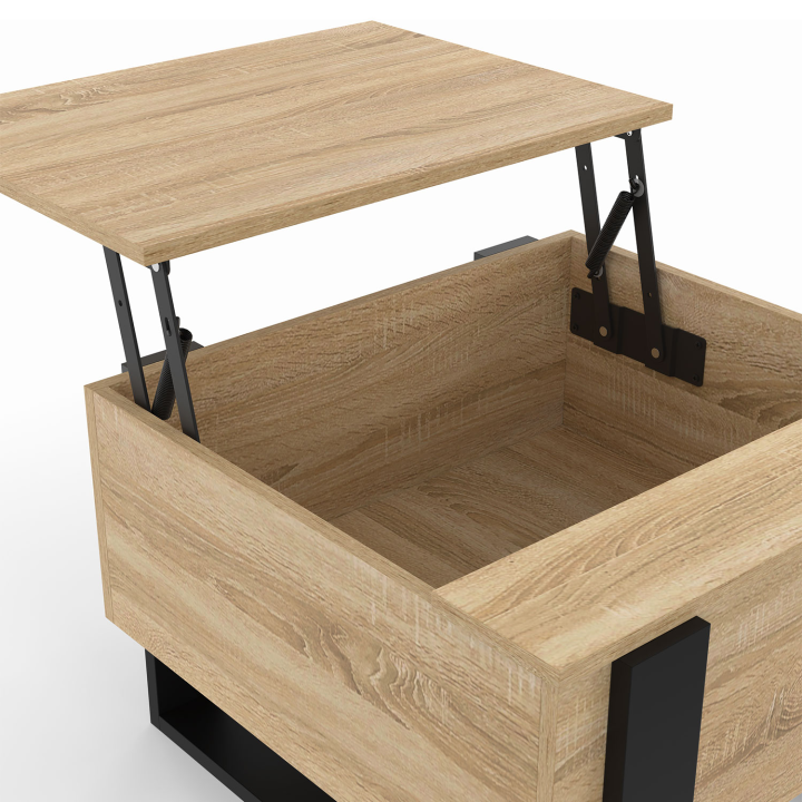 Table basse carrée plateau relevable 70 cm PHOENIX bois et noir