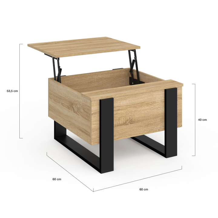 Table basse carrée plateau relevable 70 cm PHOENIX bois et noir