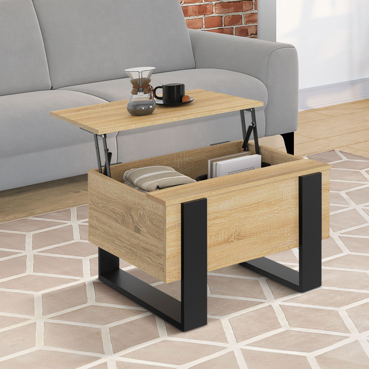 Table basse carrée plateau relevable 70 cm PHOENIX bois et noir