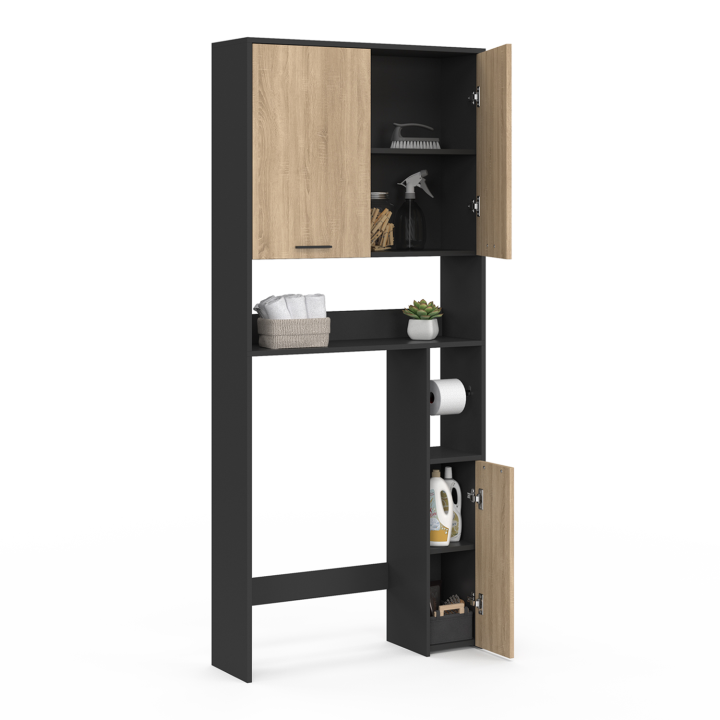 Meuble étagère dessus WC WILL noir et hêtre