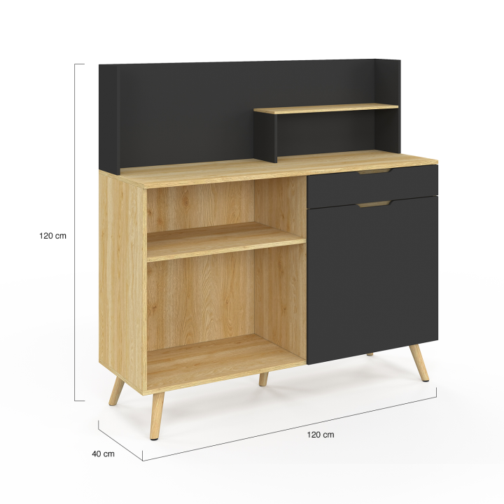 Buffet bas de cuisine 120 CM OLAF plan de travail H.83 cm 1 porte + 1 tiroir hêtre et noir