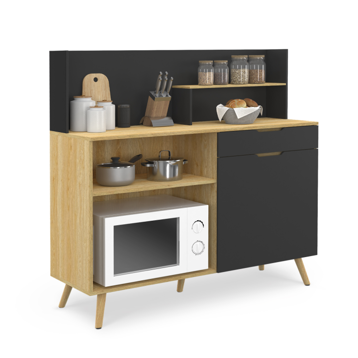 Buffet bas de cuisine 120 CM OLAF plan de travail H.83 cm 1 porte + 1 tiroir hêtre et noir
