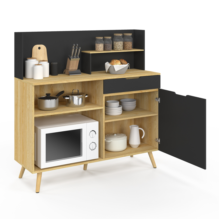 Buffet bas de cuisine 120 CM OLAF plan de travail H.83 cm 1 porte + 1 tiroir hêtre et noir