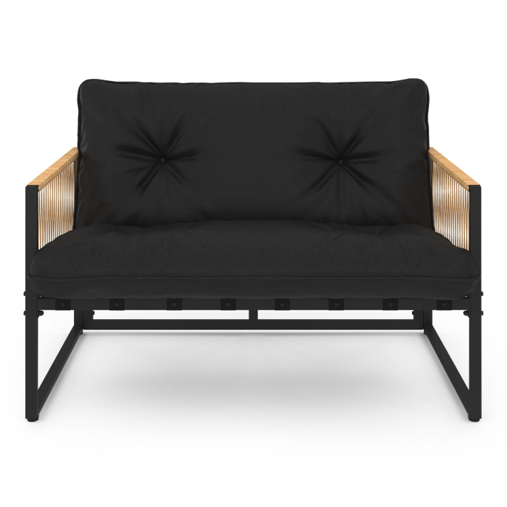 Salon de jardin bas RIO 6 places structure métal noir, cordage rotin clair et coussins noir