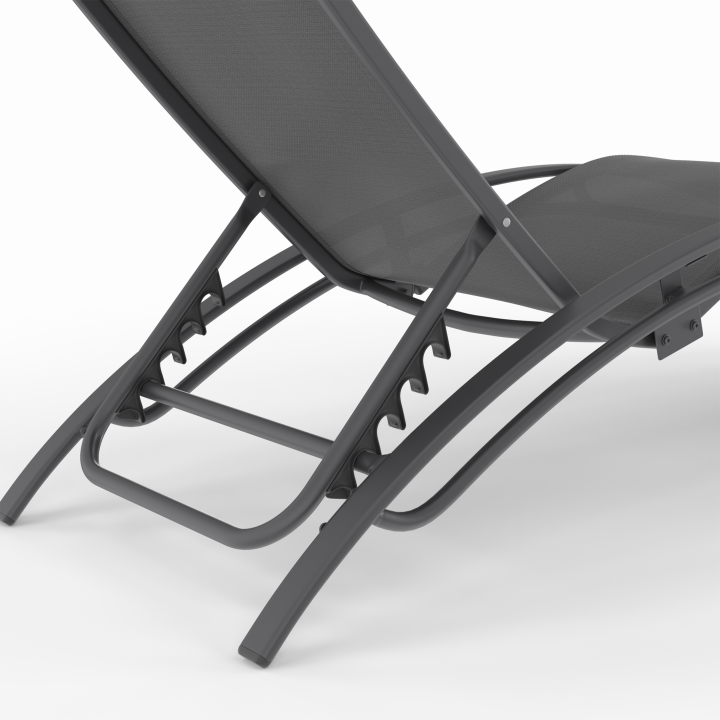 Lot de 2 transats de jardin inclinables en acier HAVANE gris anthracite et toile grise avec coussin