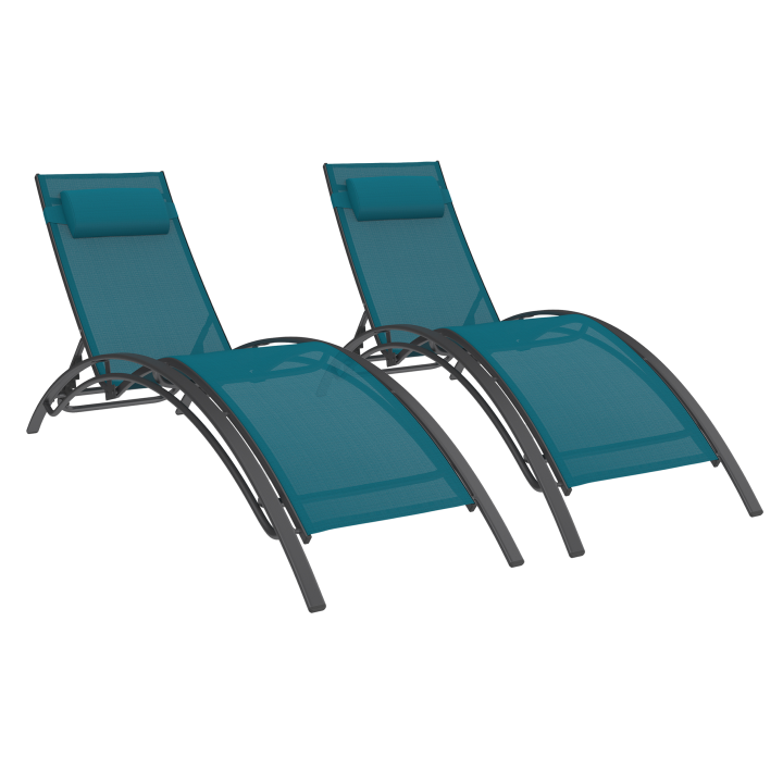 Lot de 2 transats de jardin inclinables en acier HAVANE gris anthracite et toile bleu canard avec coussin
