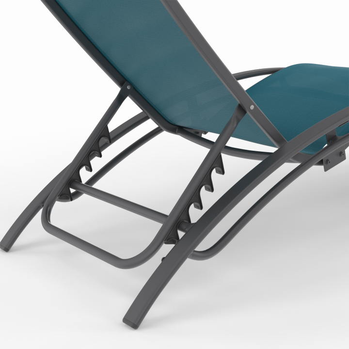 Lot de 2 transats de jardin inclinables en acier HAVANE gris anthracite et toile bleu canard avec coussin