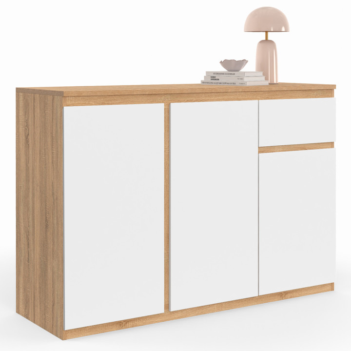 Credenza 100 cm bianca e legno 3 ante 1 cassetto - TOMI | ID Market
