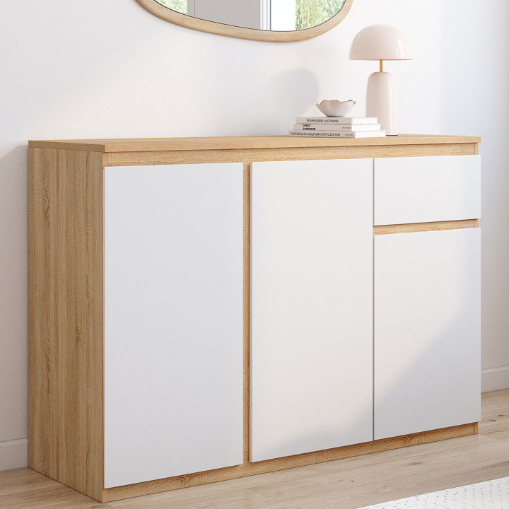 Credenza 100 cm bianca e legno 3 ante 1 cassetto - TOMI | ID Market