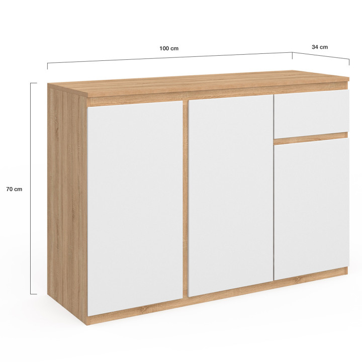 Credenza 100 cm bianca e legno 3 ante 1 cassetto - TOMI | ID Market
